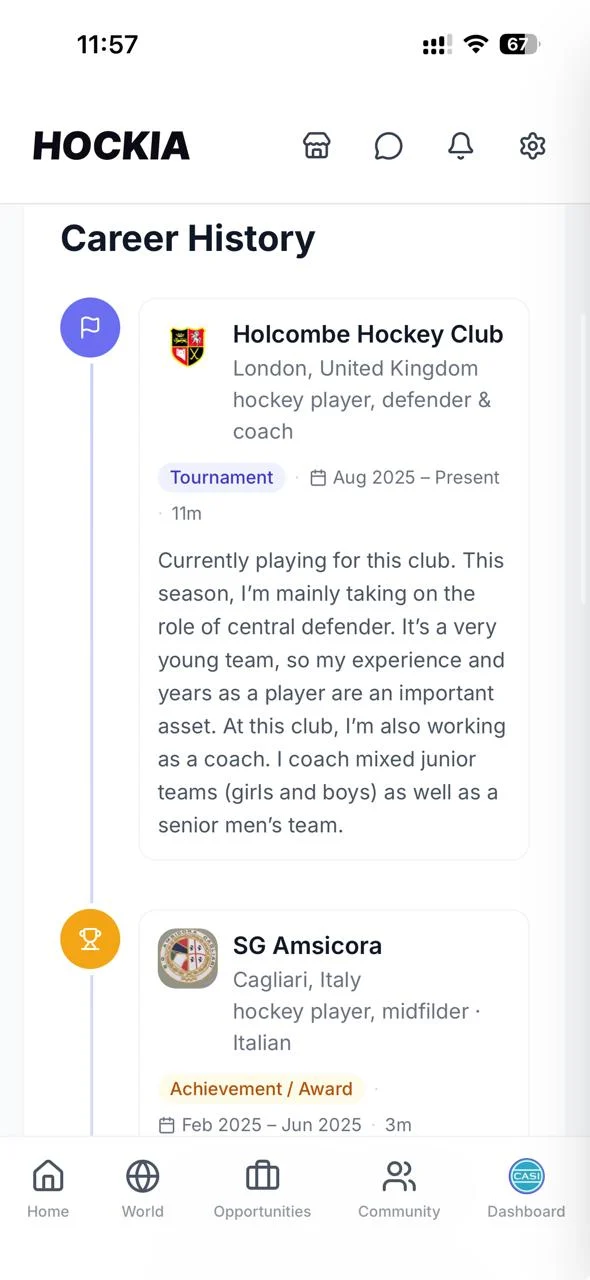 A HOCKIA career history timeline showing clubs and achievements